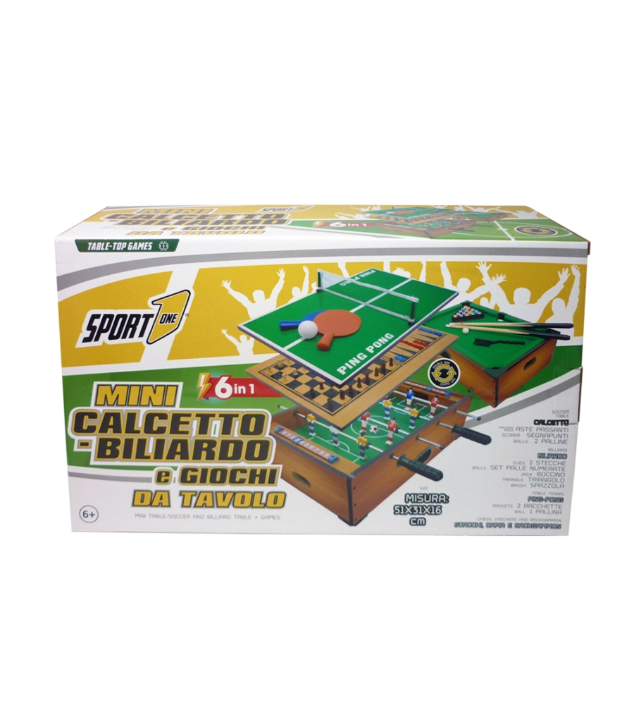 6 GIOCHI PER BAMBINI IN UNO: CALCETTO, BILIARDO, PING PONG E 3 GIOCHI DA TAVOLA 51X31X15 CM